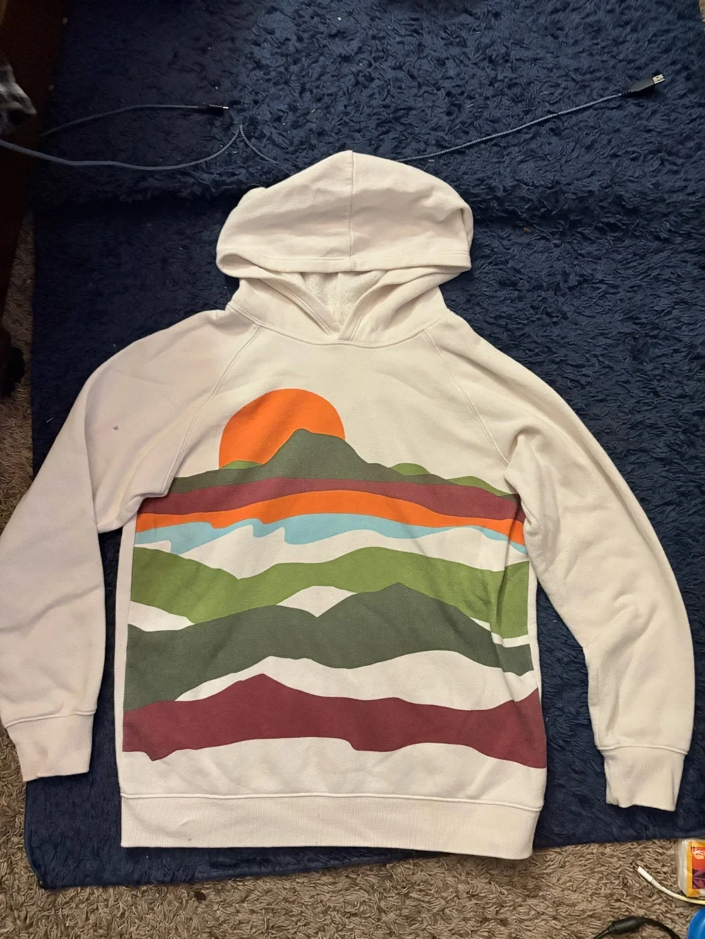 Cream Hooded Pullover with Multicolor Wave Landscape Print